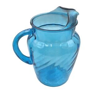 Vintage Aqua Blue Swirl Glass Pitcher with Ice Guard 9.5" Tall